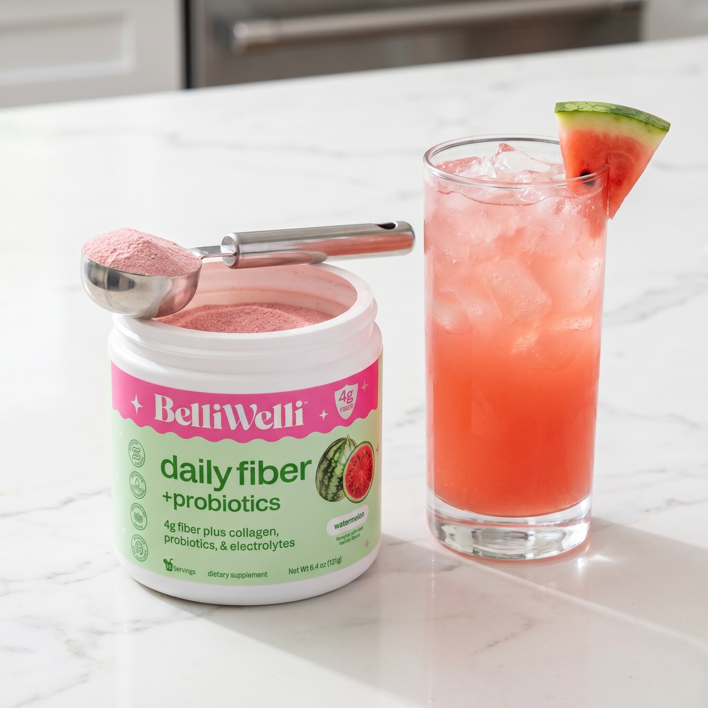 BelliWelli contenido polvo sabor sandia y vaso preparado