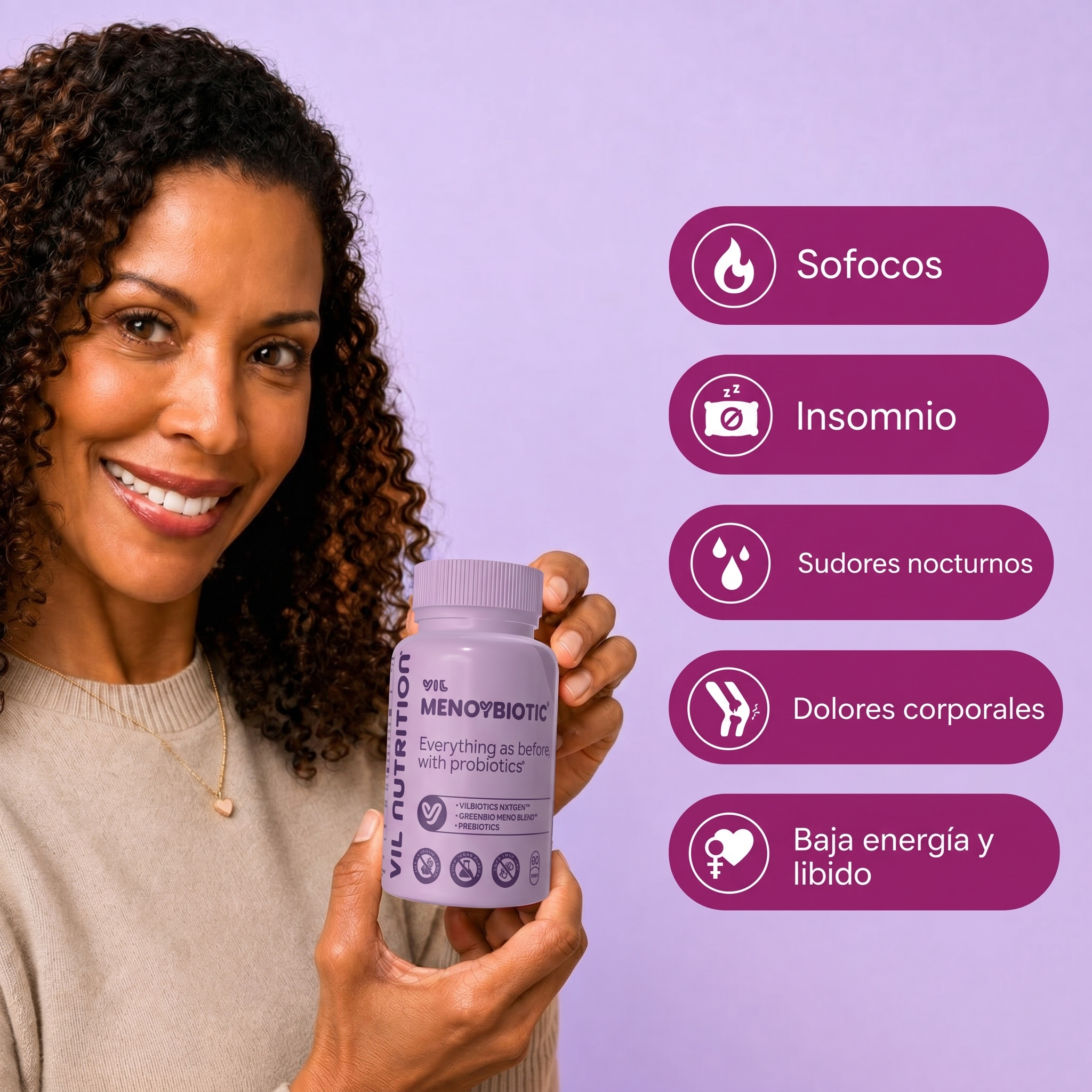 Mujer sosteniendo MenoYBiotic con sintomas de menopausia